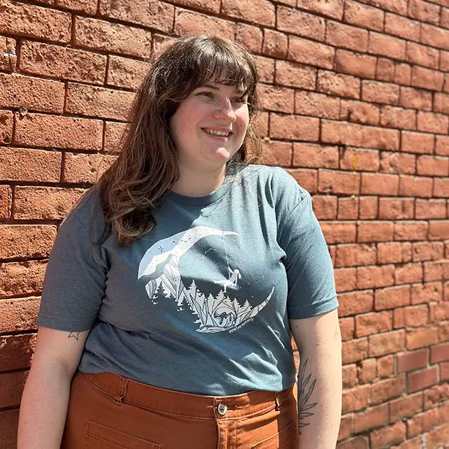 Emily wearing a Mountain Mornings tshirt. 