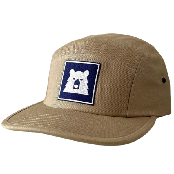 Adult 5 Panel Hat - Khaki with Navy Framed Bear