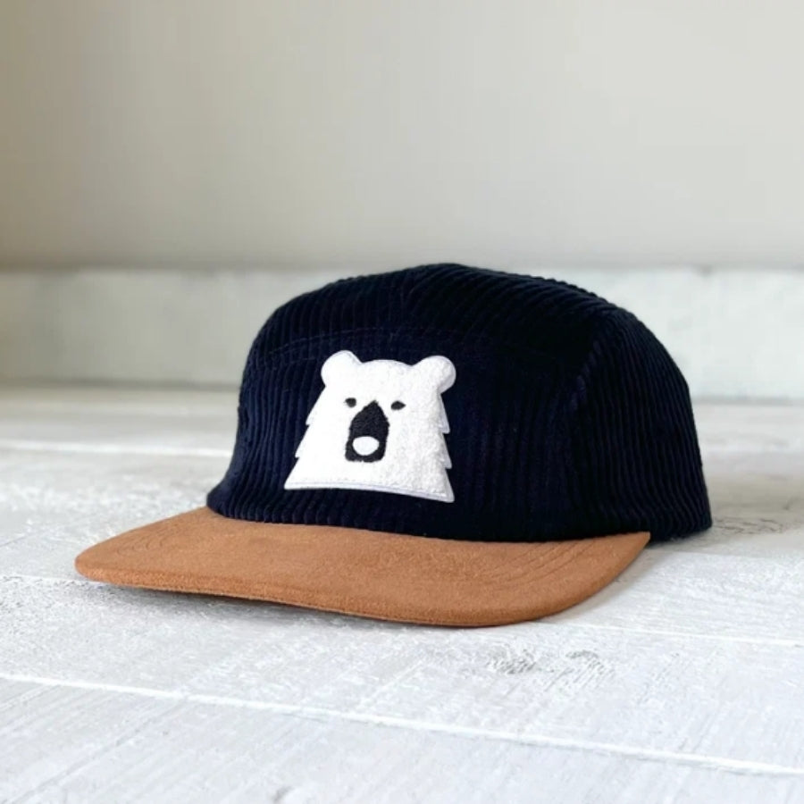 Adult 5 Panel Cord Hat - Dark Navy with Polar Bear