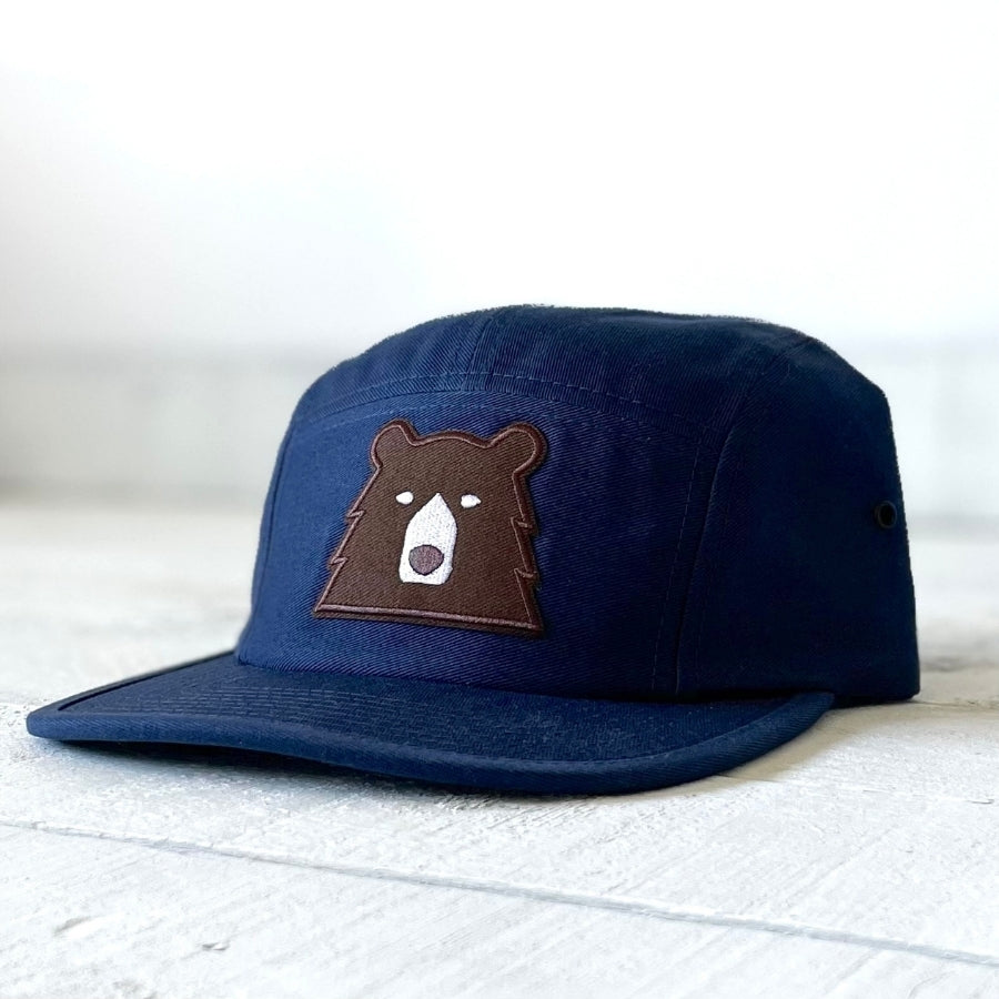 Adult 5 Panel Hat - Navy with Brown Bear