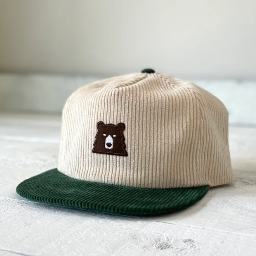 Adult Cord Snapback Hat - Cream/Spruce w/Lil Brown Bear