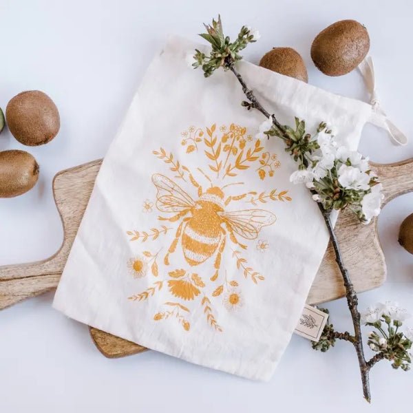 Reusable Fabric Produce/Gift Drawstring Bag - Bee