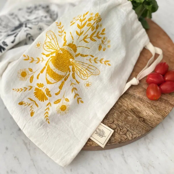 Reusable Fabric Produce/Gift Drawstring Bag - Bee