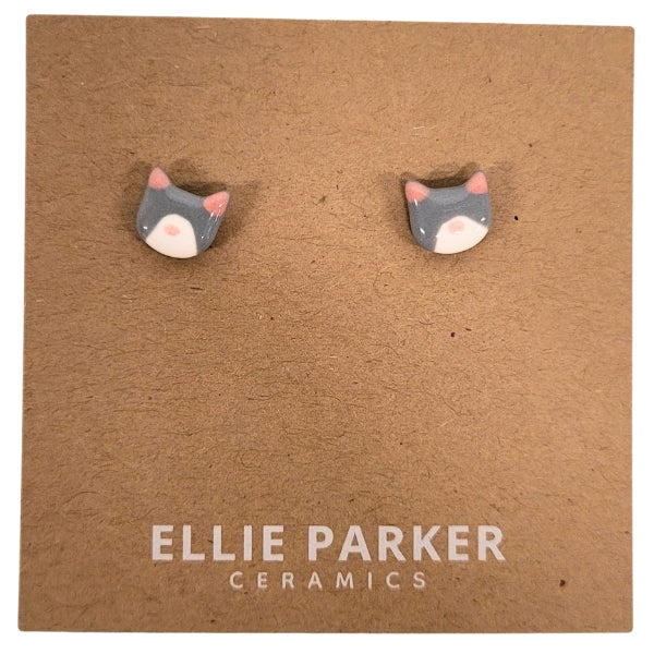 Ceramic Stud Earrings - Grey Cats