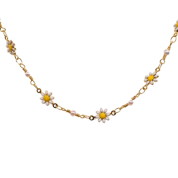 Daisy Flower Pearl Chain Necklace - White