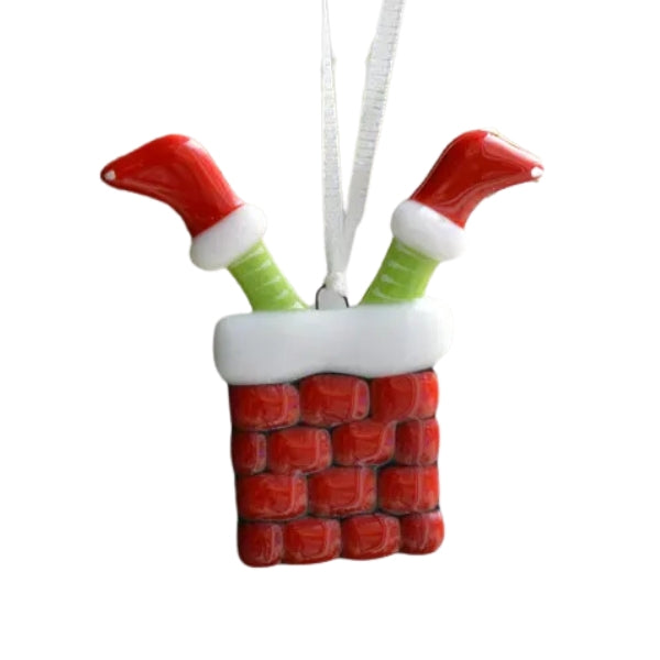 Fused Glass Ornament - Elf Stuck in Chimney