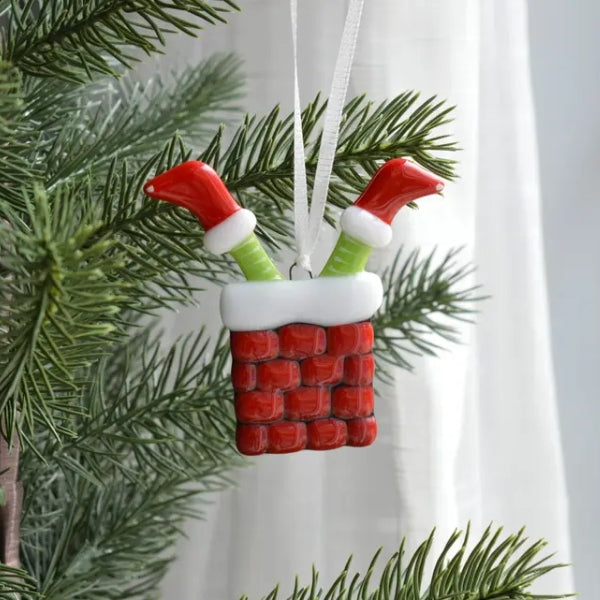 Fused Glass Ornament - Elf Stuck in Chimney