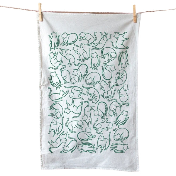Floating Cats Tea Towel - Forest Green