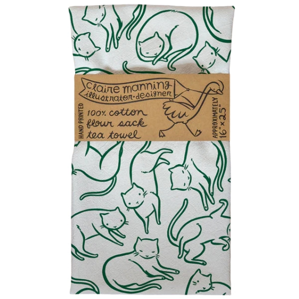 Floating Cats Tea Towel - Forest Green