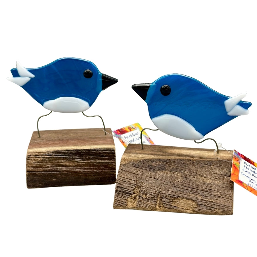 Fused Glass Bird On Wood - Aqua Blue/White