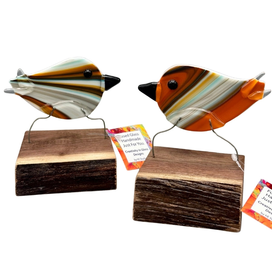 Fused Glass Bird On Wood - Orange/Teal