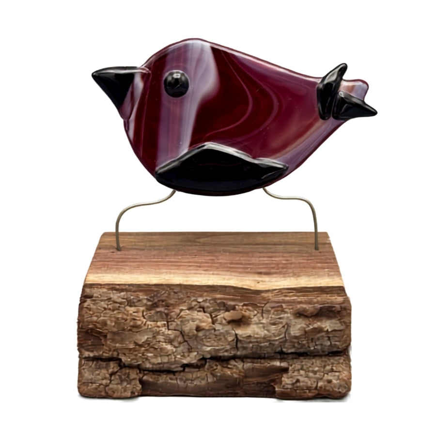 Fused Glass Bird On Wood - Red/Black