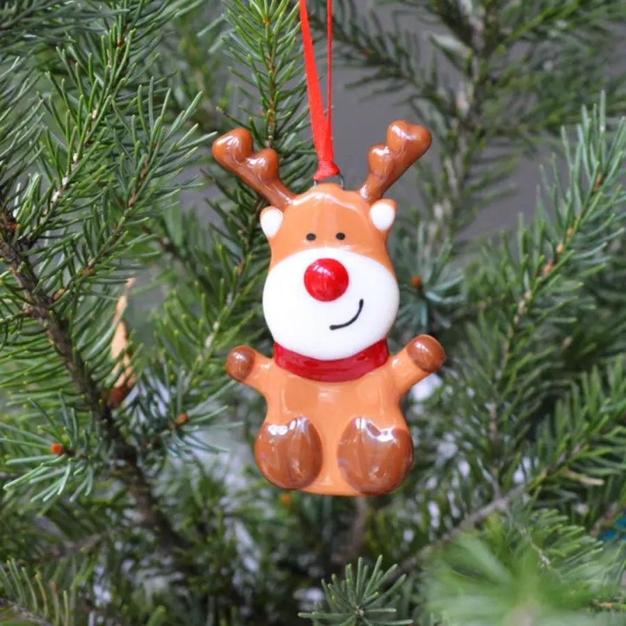 Fused Glass Ornament - Red Nosed Reindeer