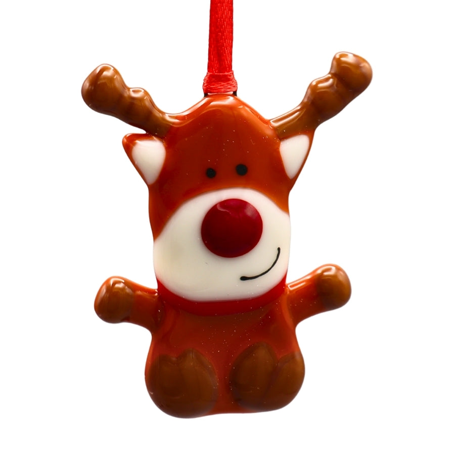 Fused Glass Ornament - Red Nosed Reindeer