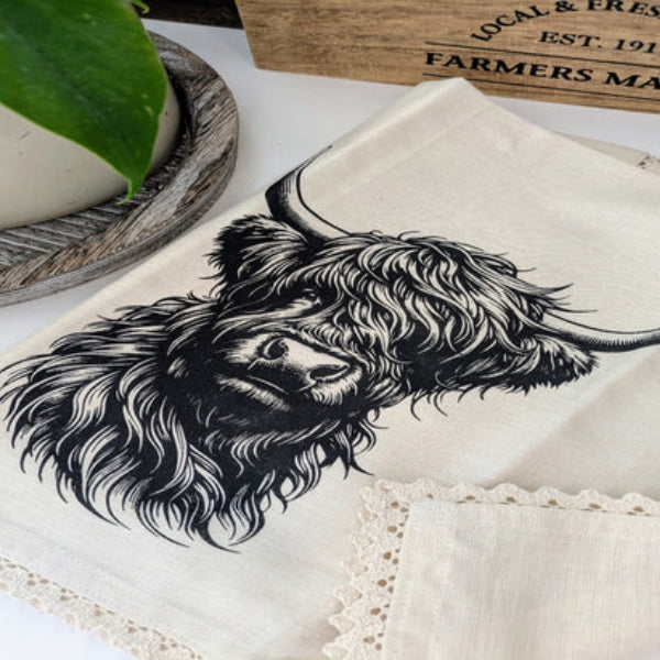 Highland Cow Linen Tea Towel