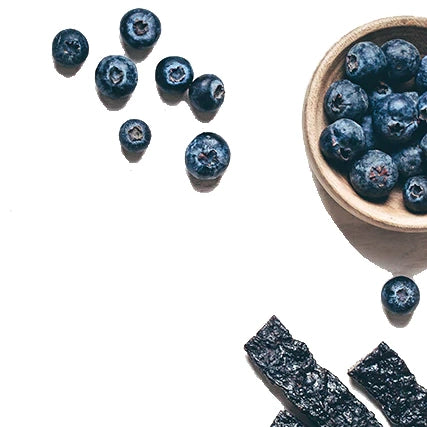 A bowl of blueberries and the Maple Blueberry Pemmican strips.