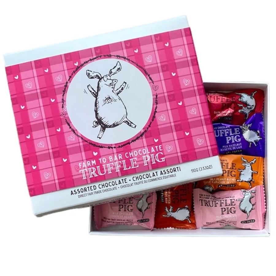 Petits cochons truffés - Coffret cadeau en forme de cœur de chocolat assorti
