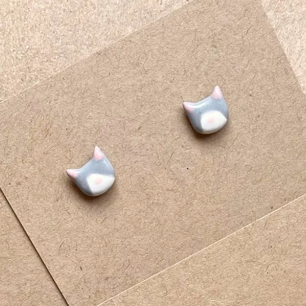 Ceramic Stud Earrings - Grey Cats