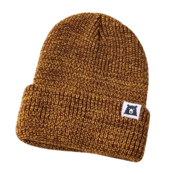 Plain mustard-colored marl toque with tiny white label with bear logo on it.