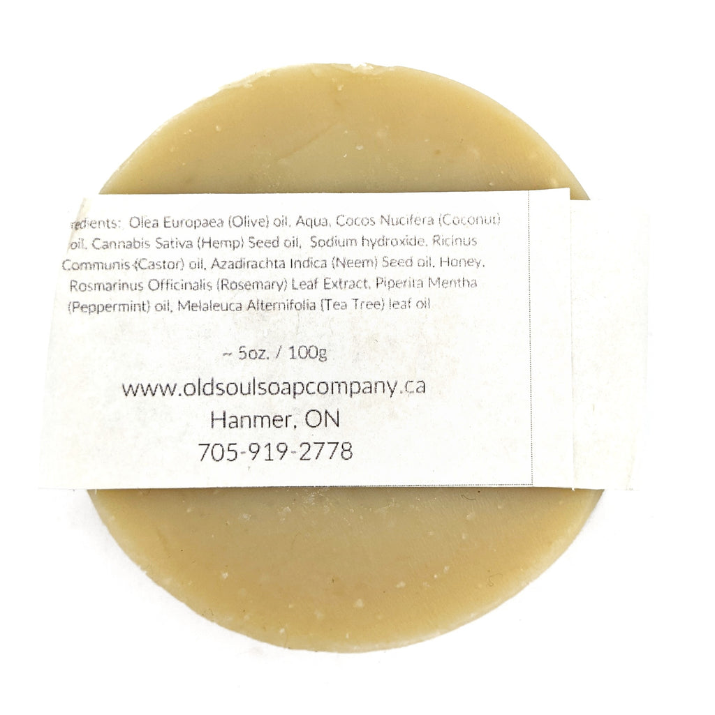 Bar of shampoo with label listing ingredients