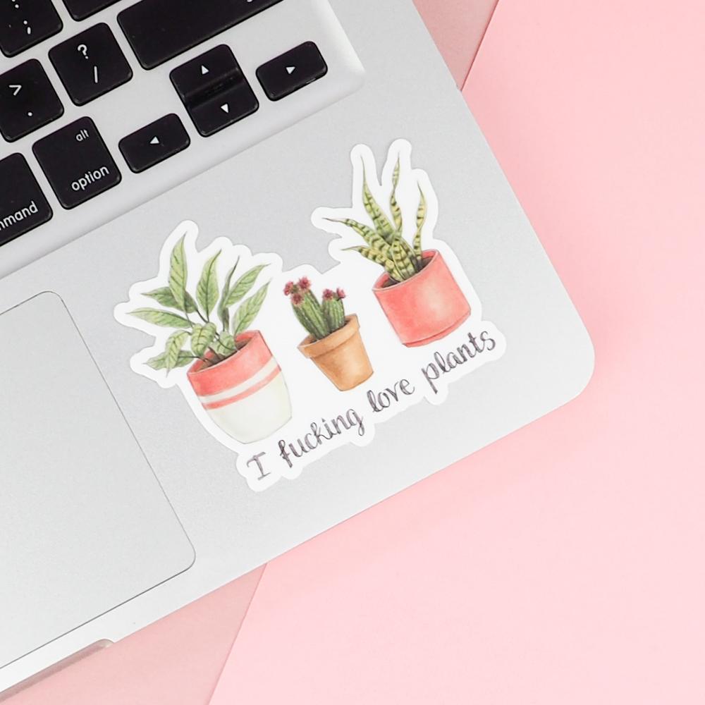 A sticker stuck on a laptop featuring artwork of a tropical plant, a cactus and a succulent (each in it's own cute pot) with the words "I fucking love plants" under them.