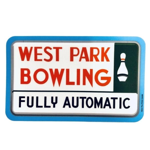 Sticker of a retro sign that reads 'West Park Bowling: Fully Automatic'.