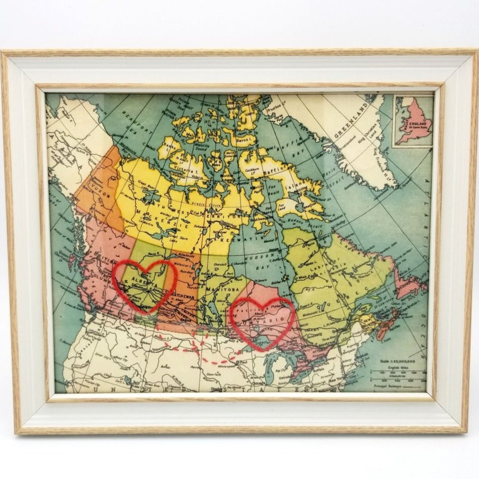 Alberta to Ontario Connecting Hearts Map - Sadie & June