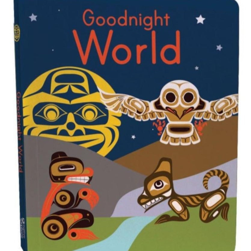 Cover of Goodnight World Board Book.  Features title and Indigenous artwork of a bear, a raccoon, an owl, and the moon.