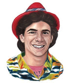 The magnet for the character Joey from 'Degrassi' shows him wearing a red fedora, colourful shirt, and a big smile.