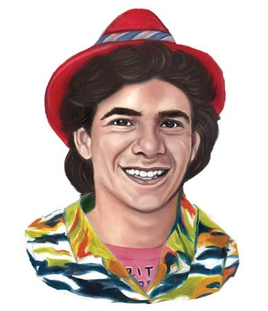The magnet for the character Joey from 'Degrassi' shows him wearing a red fedora, colourful shirt, and a big smile.