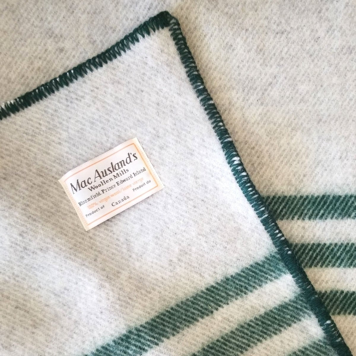 MacAusland Wool Blanket (Light Grey w/Forest Stripes) - MacAusland's Woolen Mills
