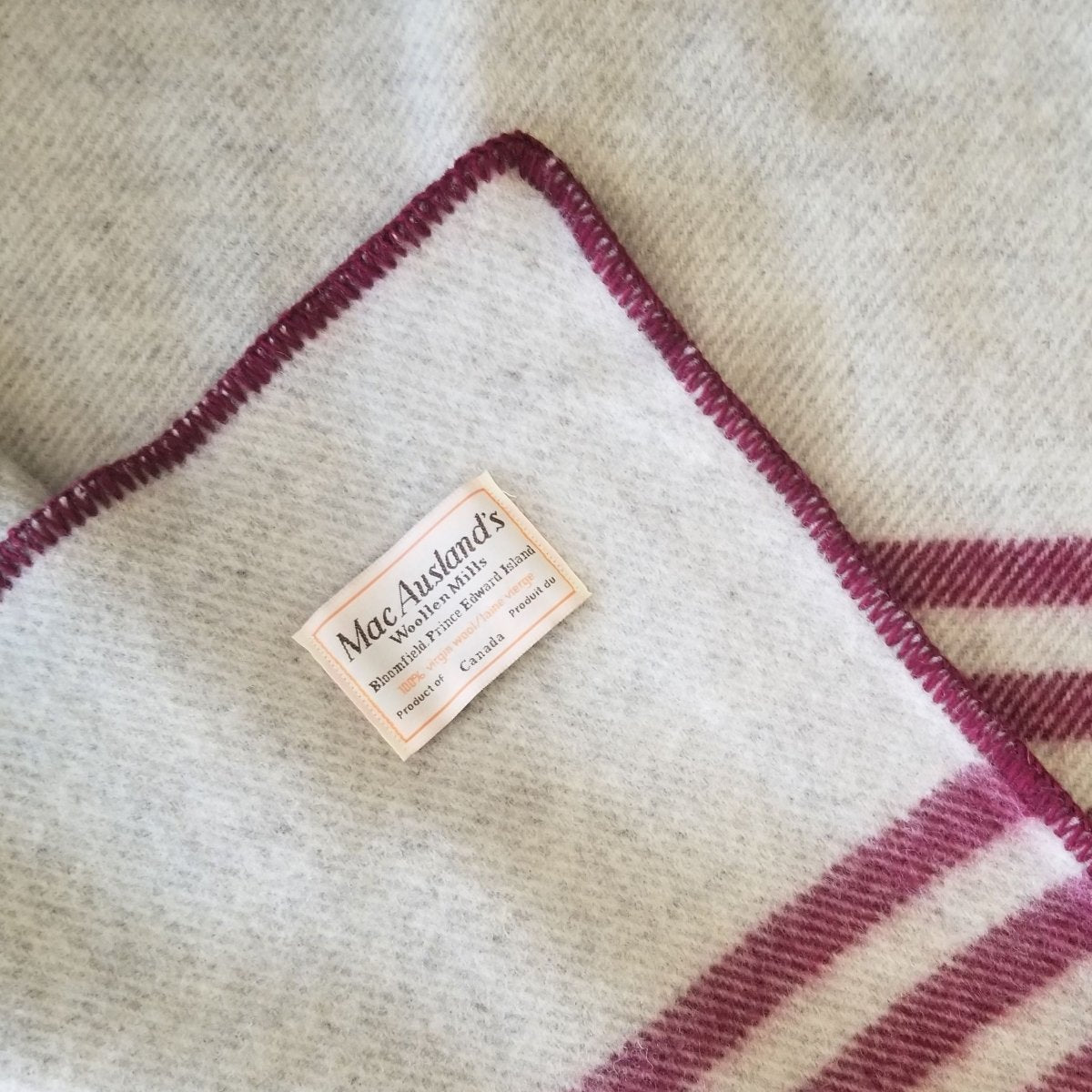 MacAusland Wool Blanket (Light Grey w/Maroon Stripes) - MacAusland's Woolen Mills