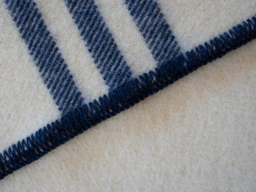 MacAusland Wool Blanket (White with Navy Stripes) - MacAusland's Woolen Mills