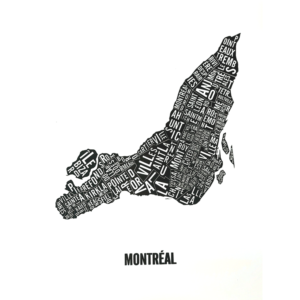 Montreal Inverted Word Map - Black Map w/ White Text (12" x 18")(Final Sale)