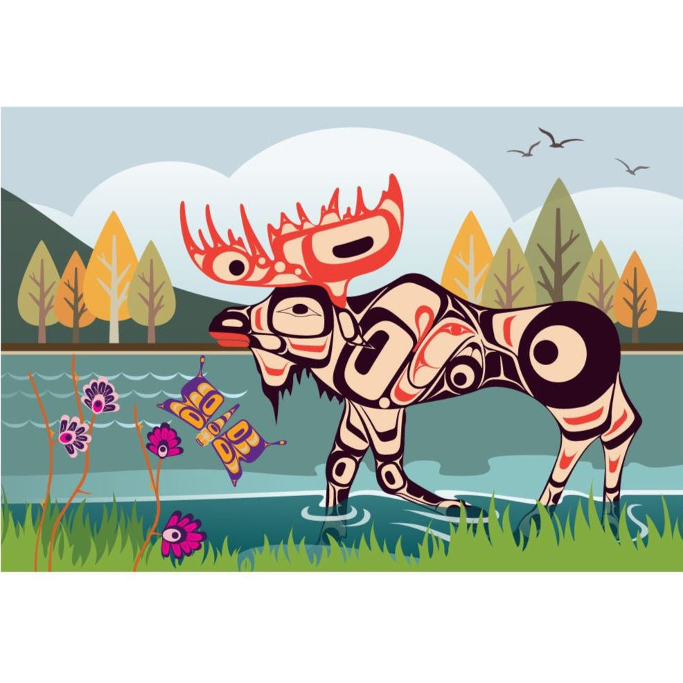 Postcard with indigenous artwork of a moose wadding in a lake by a forest.  