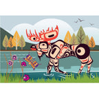 Postcard with indigenous artwork of a moose wadding in a lake by a forest.  