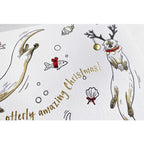 A white card with illustrated playful otters wearing reindeer antlers and red collars. Gold foil text reads "Have an otterly amazing Christmas!"