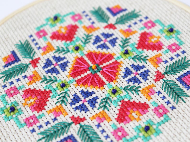 Cross stitch pattern that looks like flowers in red, orange, green, blue, and pink.  This picture is an extreme close-up.... woah.