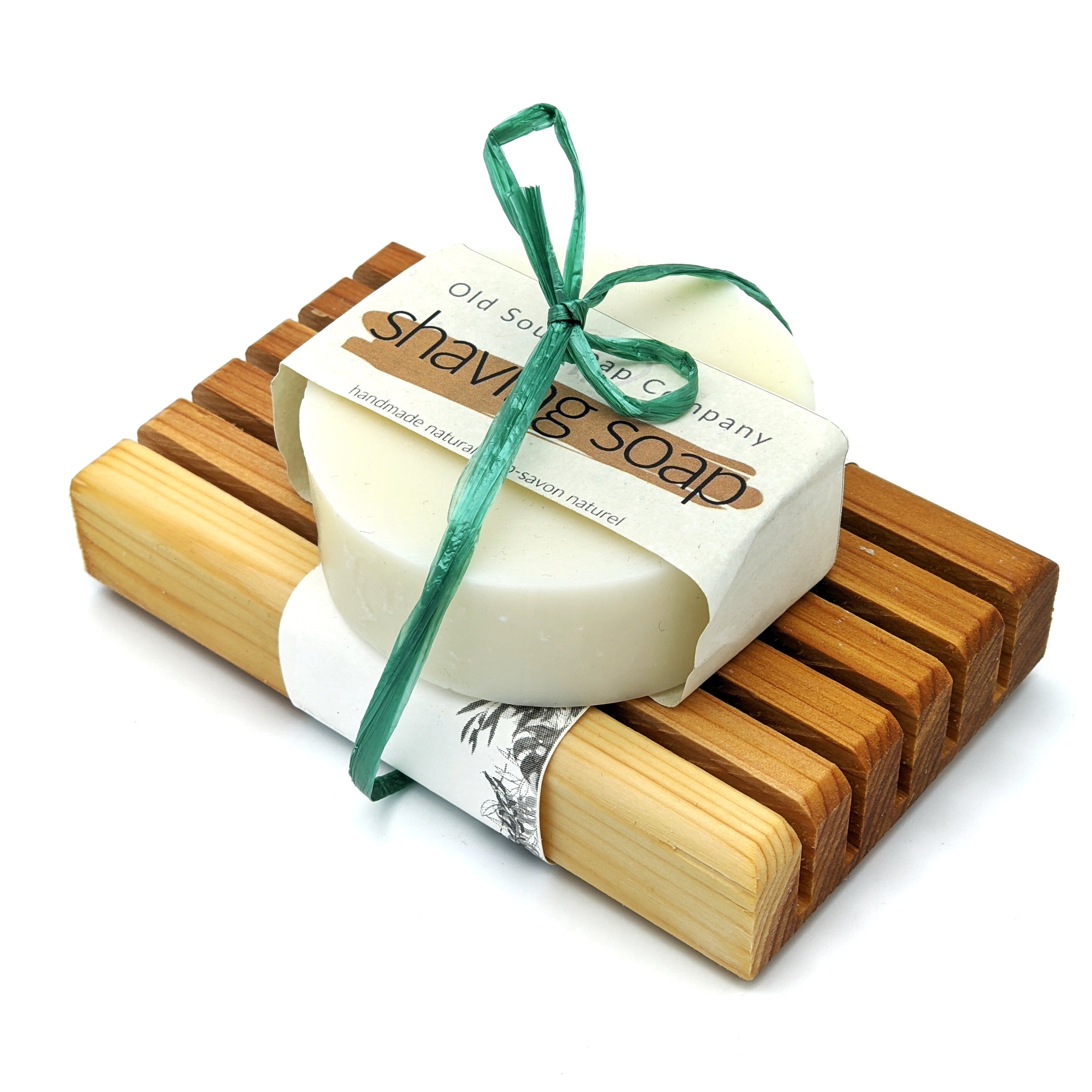 Shaving soap bundled with a cedar soap dish.