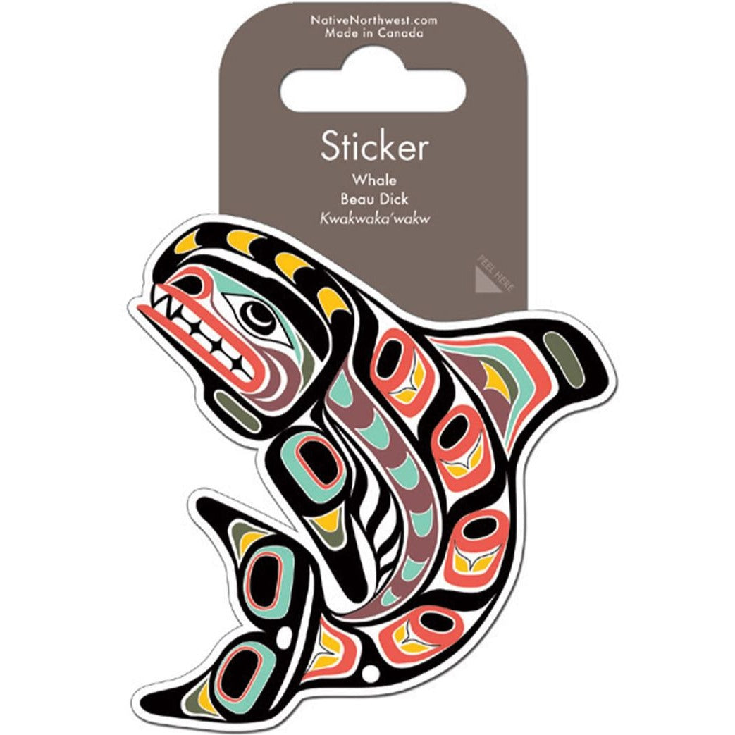 Sticker of Indigenous art of a very colorful whale.